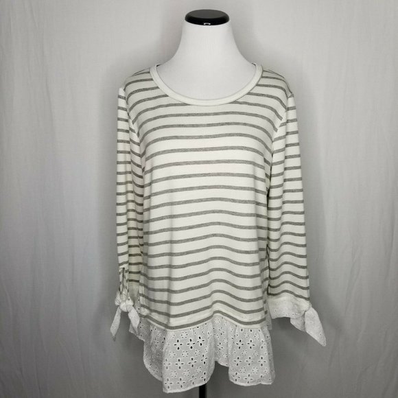 Status by Chenault Ivory Gray Stripe LS Eyelet Top - Picture 4 of 8